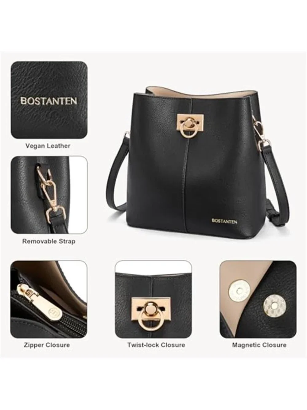 Womens Vegan Leather Crossbody Bag Small Bucket Purse Adjustable Shoulder Strap